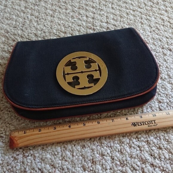 Tory Burch Handbags - Tory Burch dark blue Canvas with leather Trim Clutch